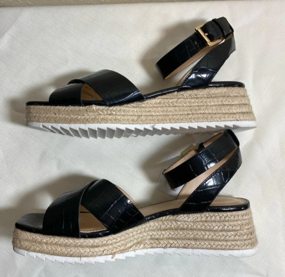 Liz Claiborne Black Croc-Embossed Leather Espadrille Wedge Sandals Size 10